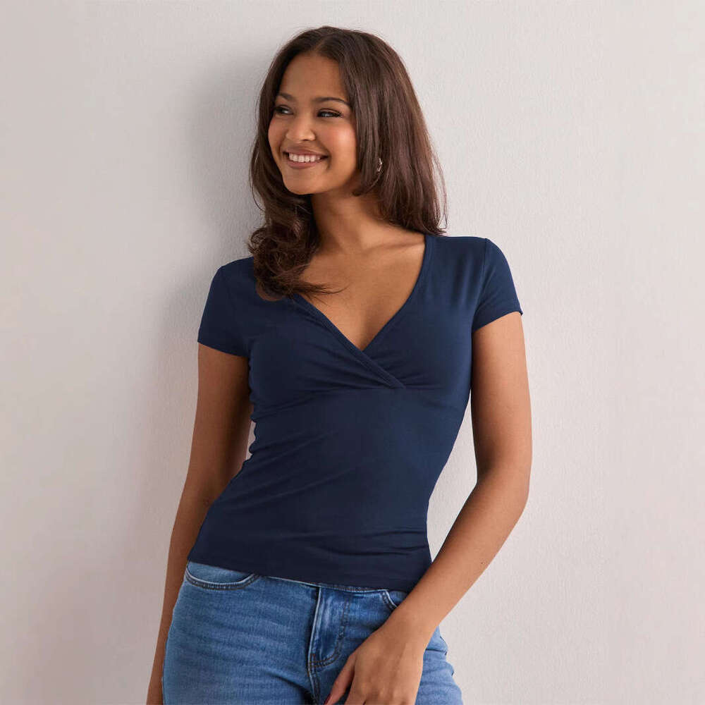 2026 Cross-Border European and American Style New Deep V-Neck Solid Color Waist-Cinching Slim Fit Elegant Fashion T-Shirt Spring Summer Top