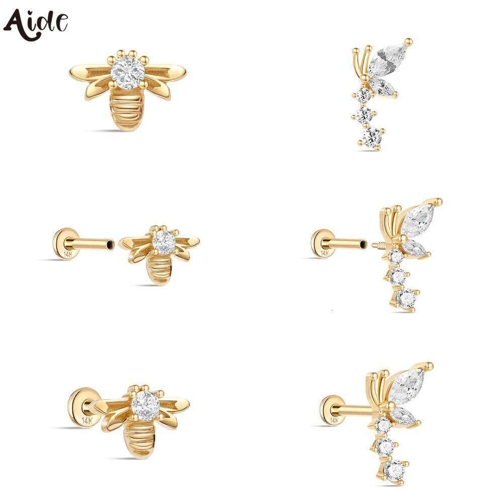 Aide 8MM Stud Earring 14k Solid Gold Bees Heart Star Puncture Earrings Simple Jewel Minimal Christmas Birthday Gift Pendientes