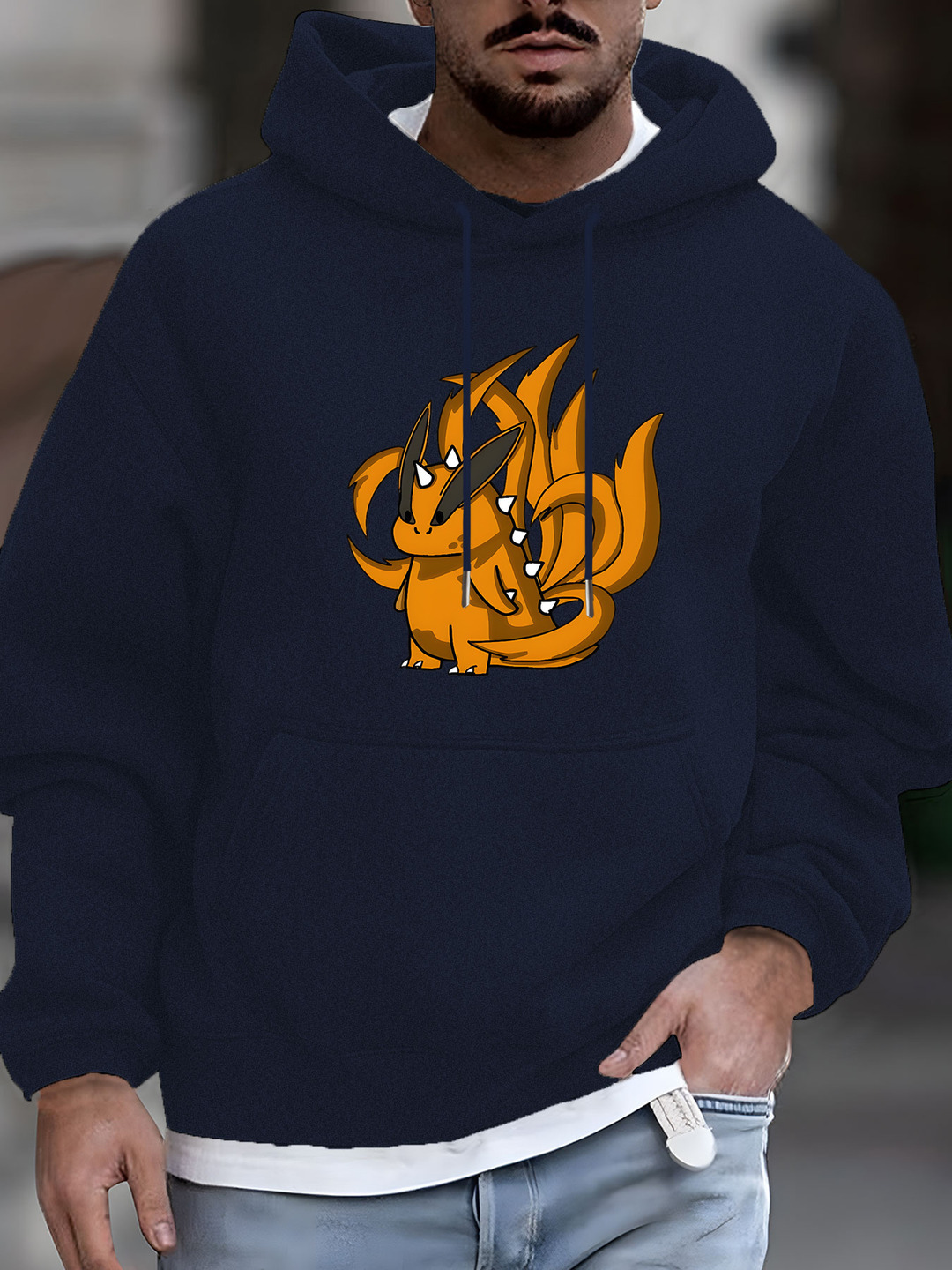 Men's Graphic Print Hooded Sweatshirt - Soft Polyester Blend Casual Pullover with Front Pocket, Vibrant Orange & Black Machine Washable for Autum