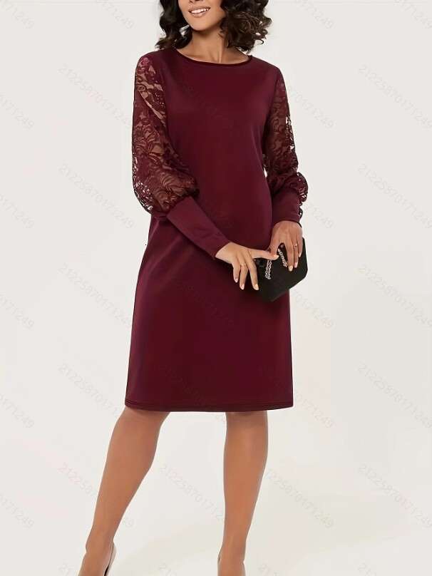 Cross-Border Spring and Autumn 2026 Hot-Selling Round Neck Lace Long Sleeve Patchwork Slim Dress