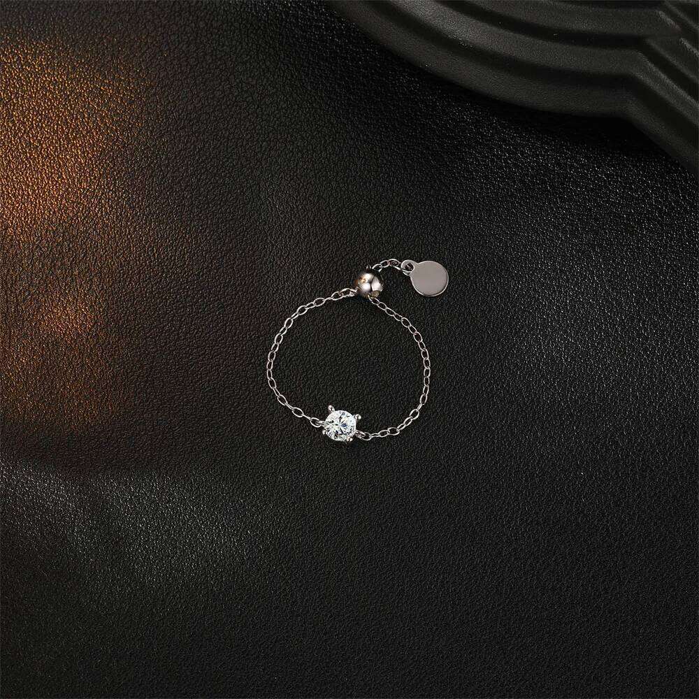 Aide S925 Sterling Silver Real Moissanite Adjustable Ring Heart Square Bead Chain Rings for Women Dainty Stackable Jewelry
