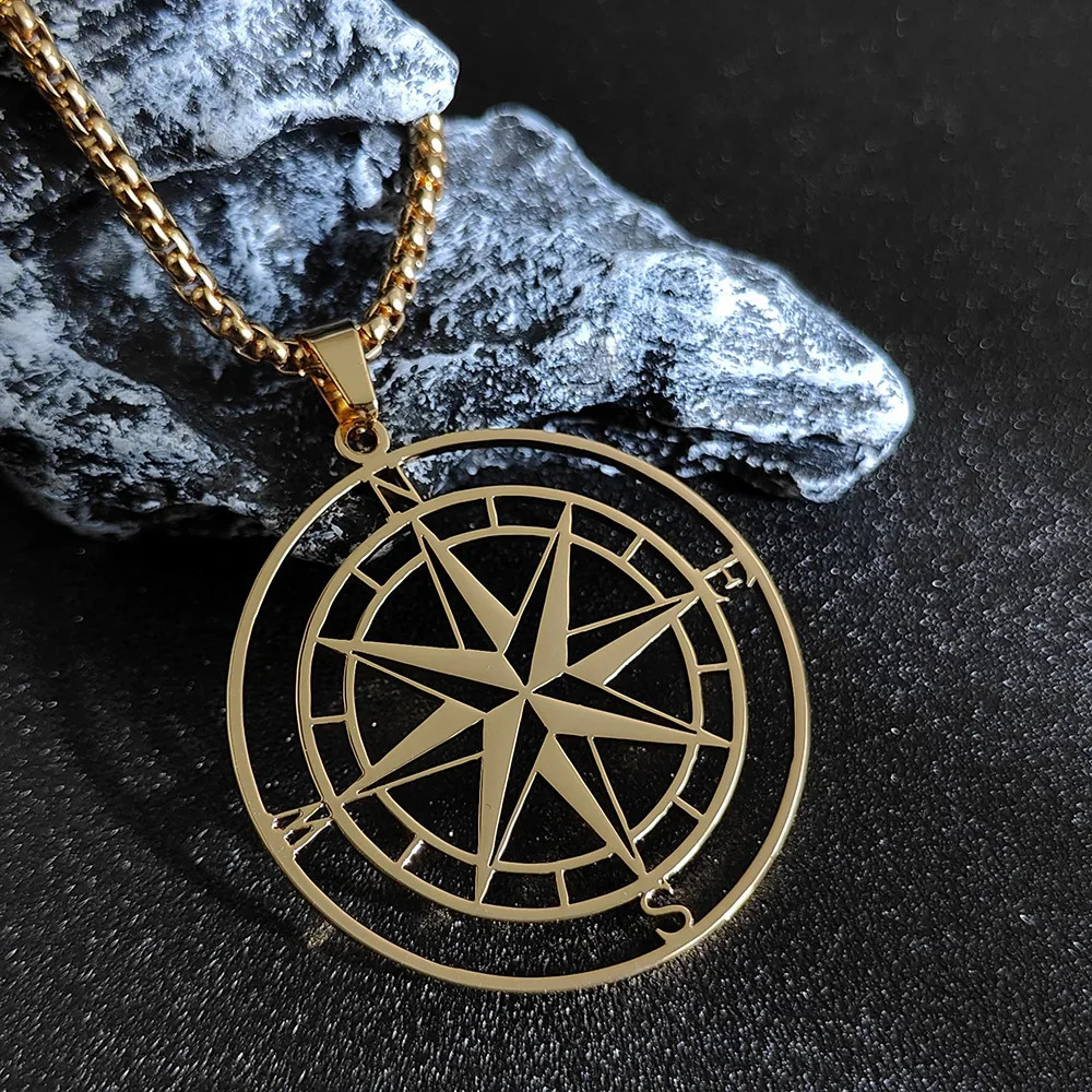Gold Color Mens Compass NecklacesVintage Viking North Star Anchor MedalStainless Steel Pendant for Male Boyfriend Dad Gift 251230