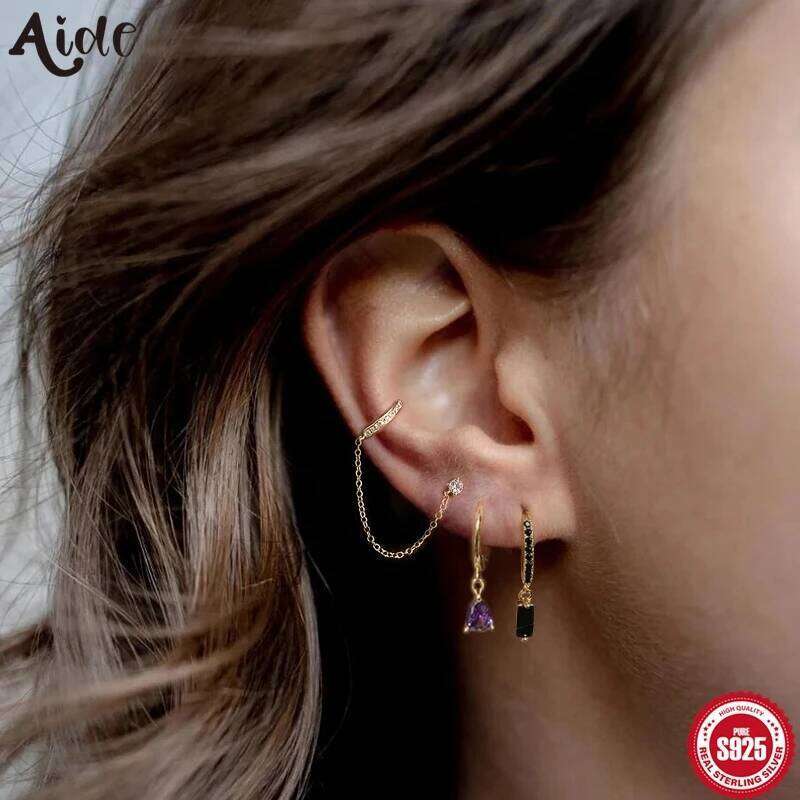 Aide 925 Sterling Silver Double Chain Ear Studs Micro Crystal Huggie Earrings Party DIY Jewelry Piercing Creative Earlobe Hoops