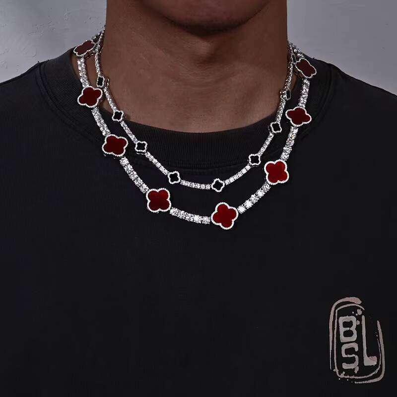 Fashion Clover Tennis Chain Bracelet 925 Sterling Silver 5mm Silicone Necklace Passes VVS Moissanite Test for Men and Women