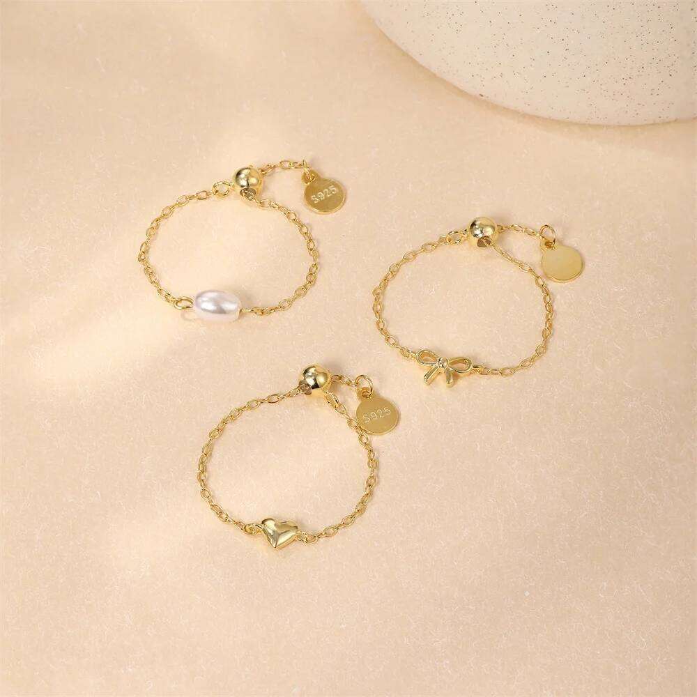 Aide Genuine 925 Sterling Silver Fashion Cute Bowknot Link Chain Rings Adjustable Free Size Rigns For Women Anillos Jewelry