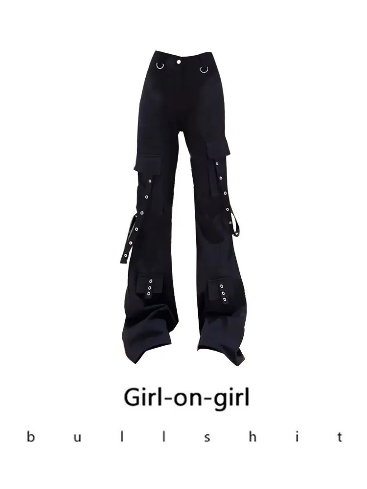 punk dark trumpet work pants jeans womens college Y2k pocket street wear black Gothic Harajuku low rise printed denim 251231