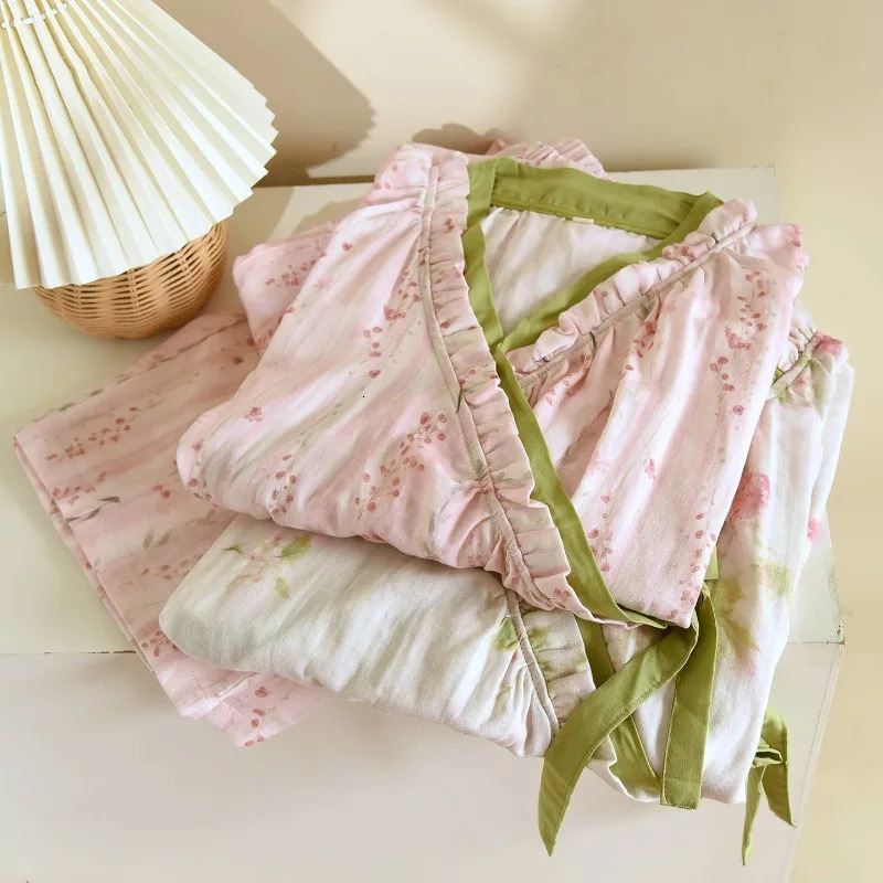 Spring and Autumn Womens Kimono Set 100 Cotton Gauze Chinese style Cardigan Long Sleeve Loose Simple Pajama 251231