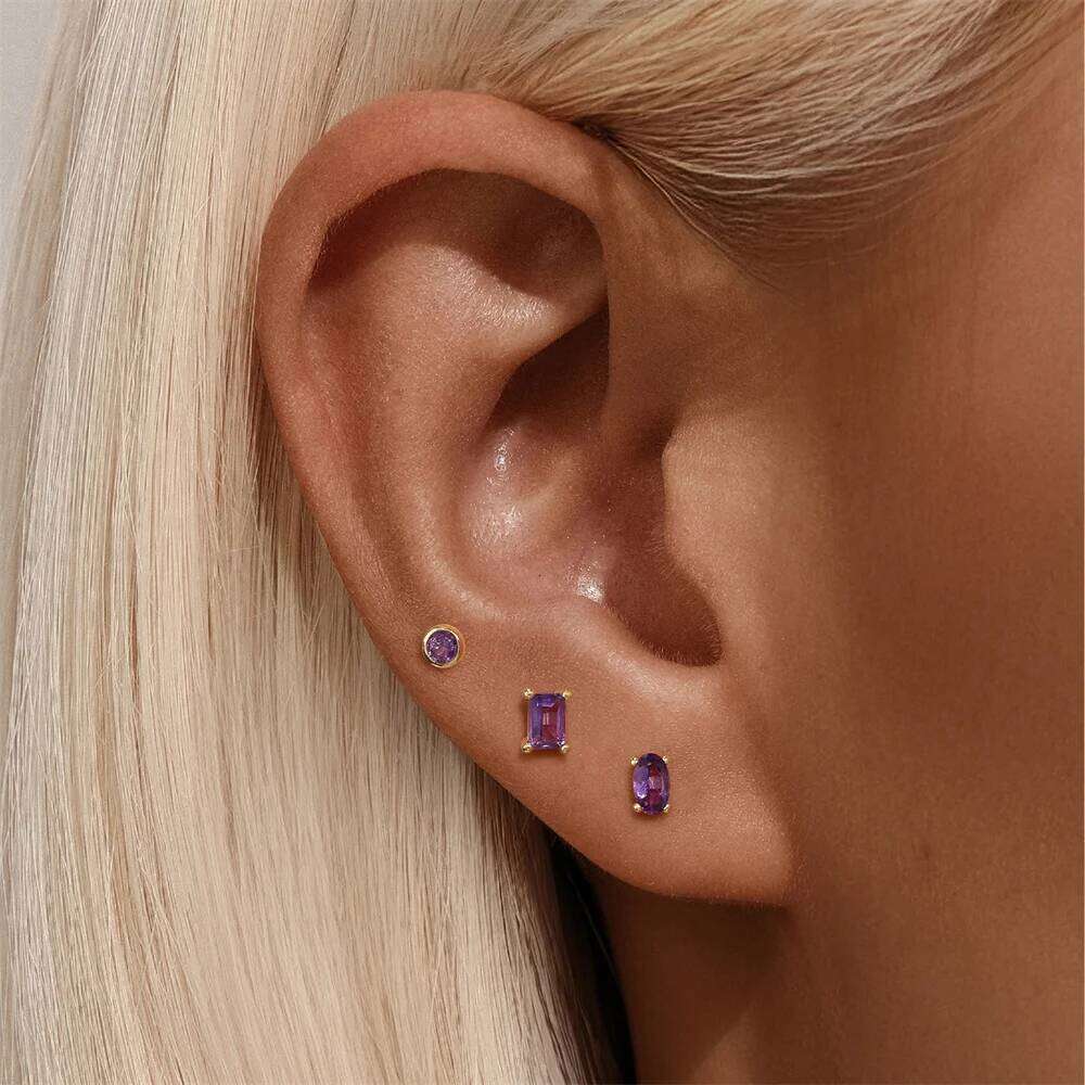 Aide Plata 925 Sterling Silver 1 Piece Natural Amethyst Piercing Earrings Flat Head Threaded Puncture Ear Bone Studs Jewelry