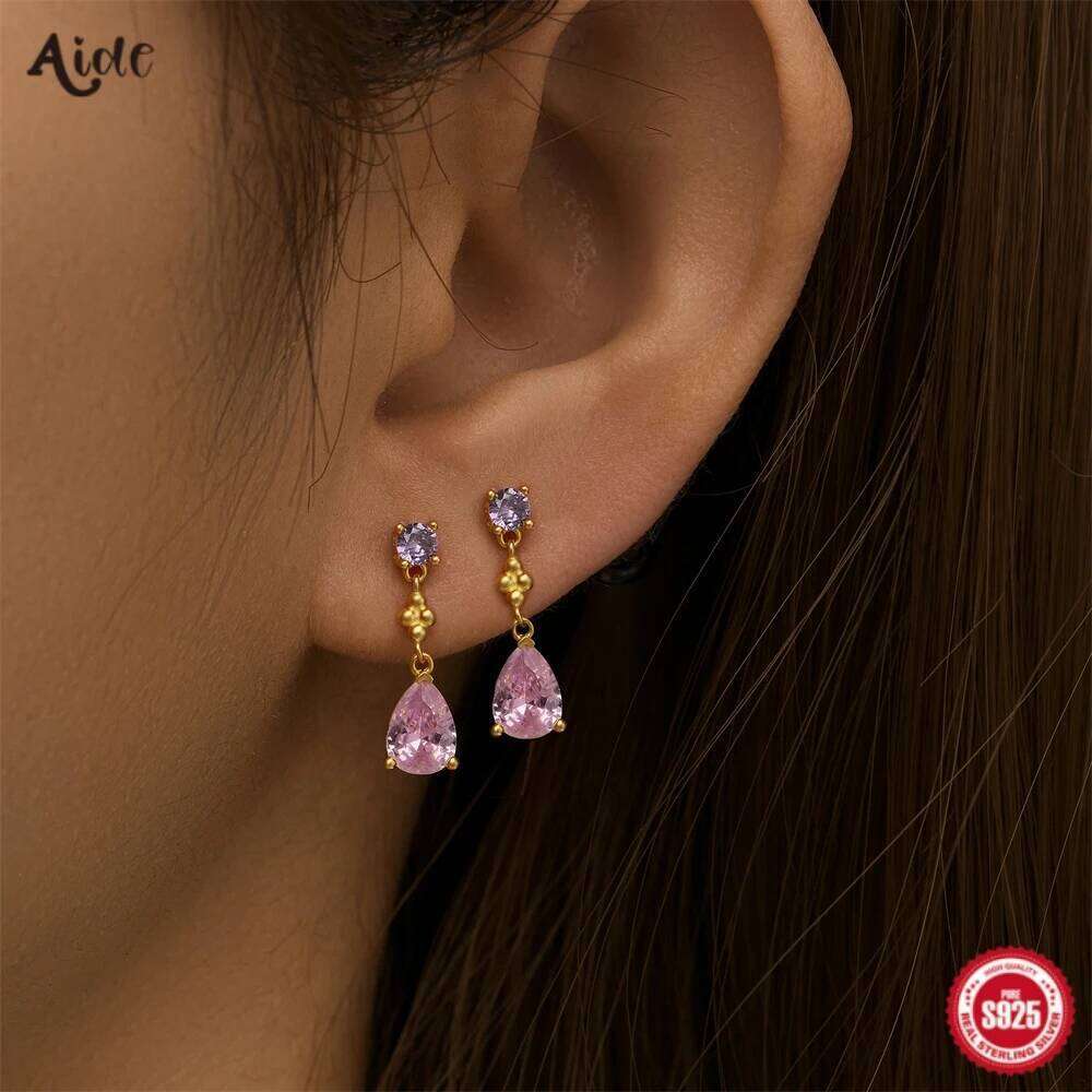 Aide 925 Sterling Silver Purple Pink Water Drop Zircon Stud Earrings For Women Elegant Sweet Jewelry High Quality Pendientes