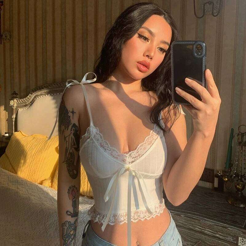 Lace Trim Crop Top Aesthetic White Bow Cute Sweet Mini Vest Knitted Basic Casual Tee Women Summer Backless Beach