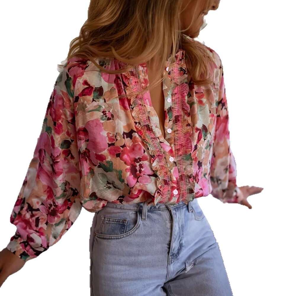 2026 Women's Summer Korean Version Loose Artistic Casual Lazy Style Printed Round Neck Shirt Top