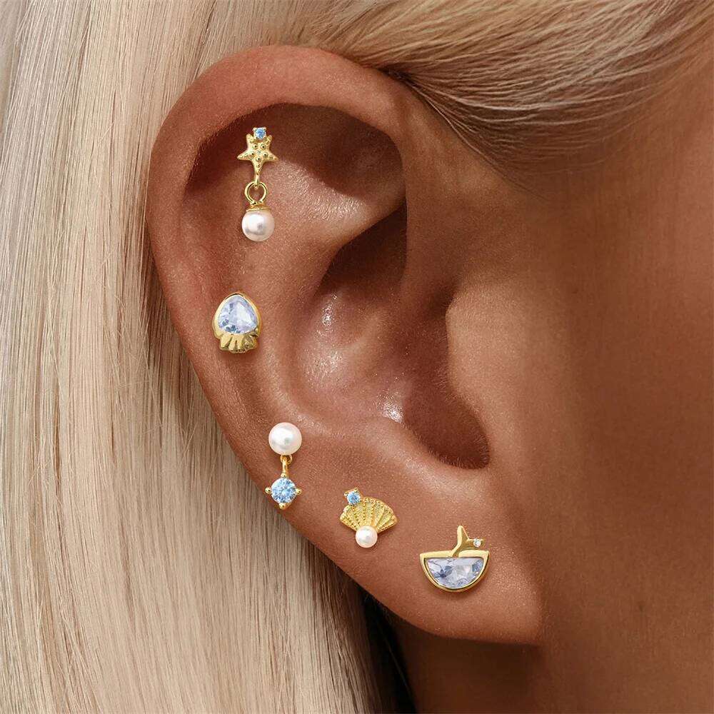 Aide 1Pc 925 Silver Stars Moon Stud Earrings For Women 18K Gold Chain Flat Head Threaded Puncture Ear Bone Ins Fine Jewelry