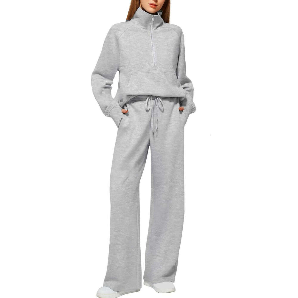 2026 European and American Women's Two-Piece Set Large Half-Zip Sweatshirt Wide-Leg Sweatpants Casual Outfit for Women