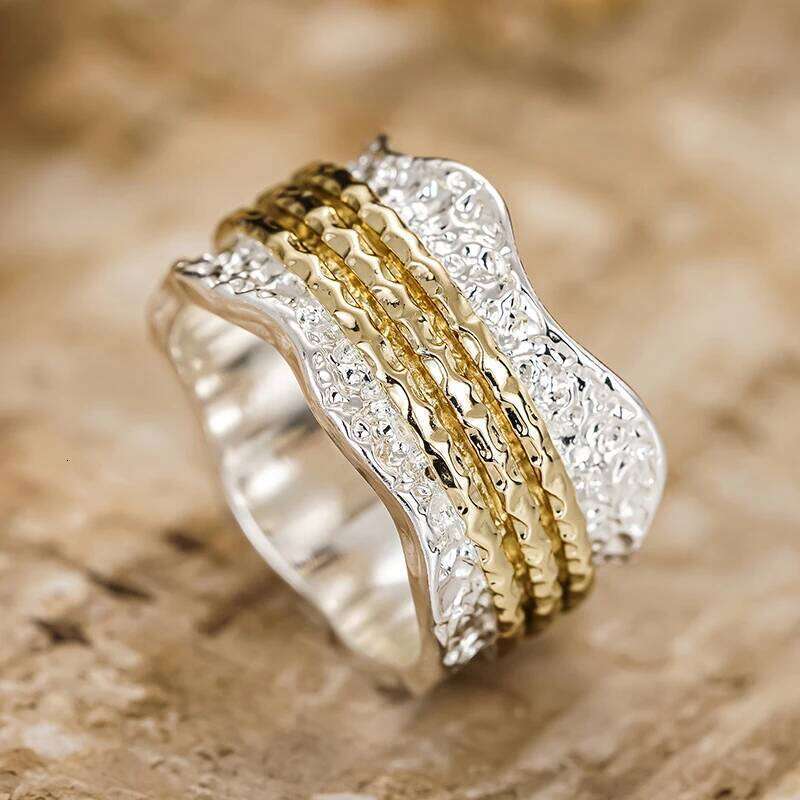 Huitan Irregular Shaped Two Tone Finger for Women Textured Design Modern Fashionable Female Rings New Trendy Jewelry 2026