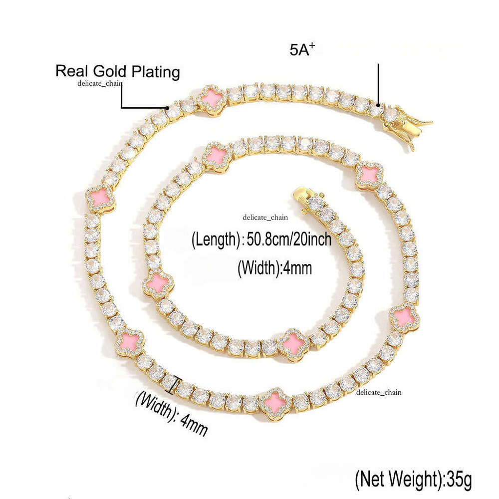 VVS Moissanite 4mm New Design Luxurious Pink Gold Plated Four-leaf Clover Iced Tennis Chain Necklace Fashion Women's Jewelry