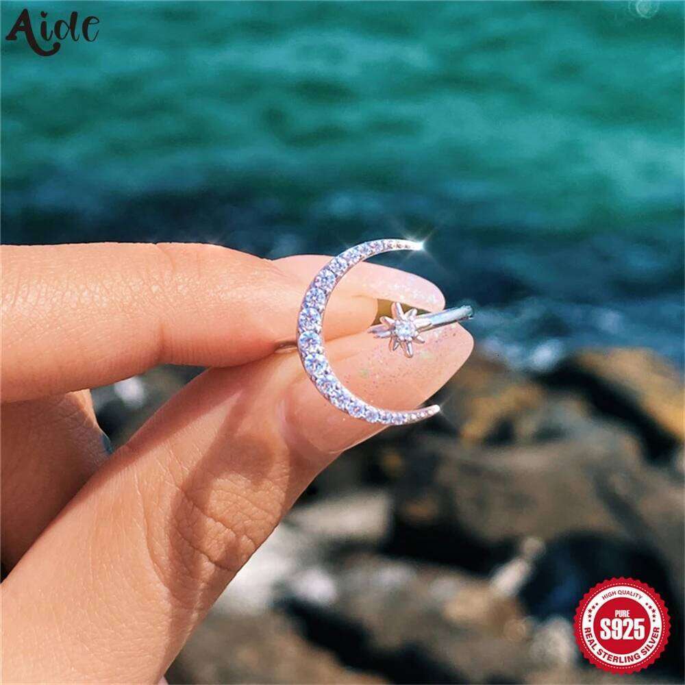 Aide S925 Sterling Silver Moon & Star Moissanite Open Ring Valentine's Day Gift Celestial Adjustable Finger Jewelry for Women