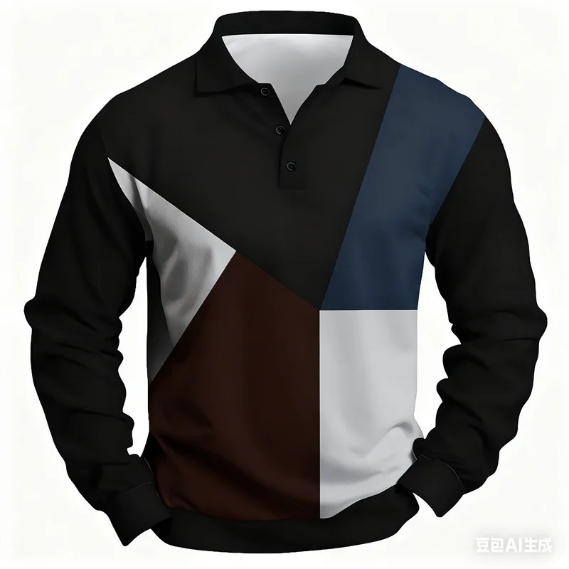 3D Fashion Color Blocking Mens Long Sleeve POLO Shirts Oversize Comfortable Breathable Lapel Button Casual Long Sleeve Clothing 251230