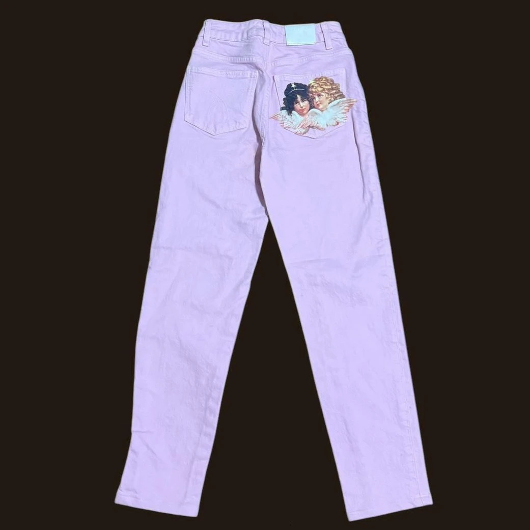 Y2K Light Pink Baggy Straight Leg Jeans Womens Clothing Harajuku Classic Angel Graphic Printed Trousers Gothic High Waist Pants 251231