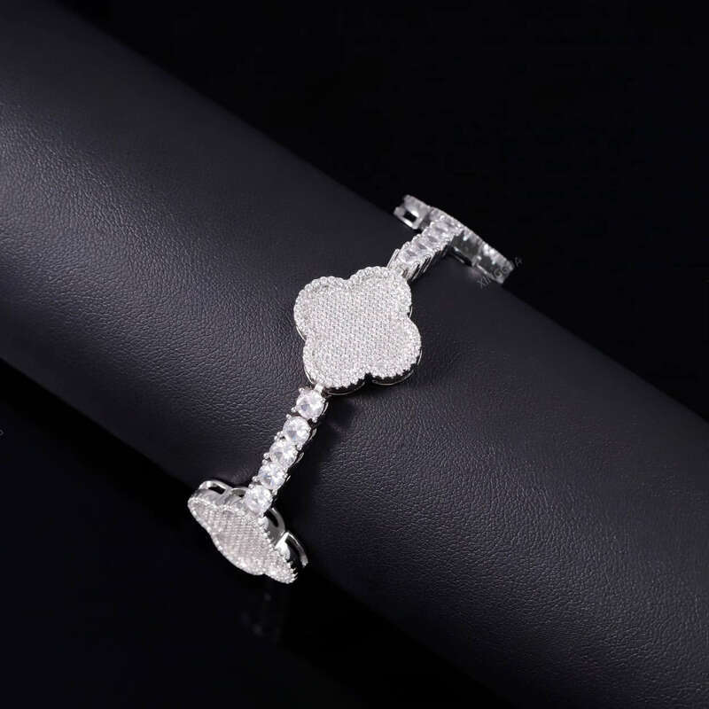 Iced Out Cuban 925 Sterling Silver VVS Moissanite Diamond Four Leaf Clover Bracelet 3mm 4mm Tennis Chain
