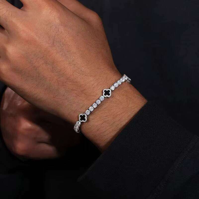 Men's Hip-Hop Gold-Plated Pearl VVS Moissanite Diamond Lucky Iced Black Clover Tennis Bracelet