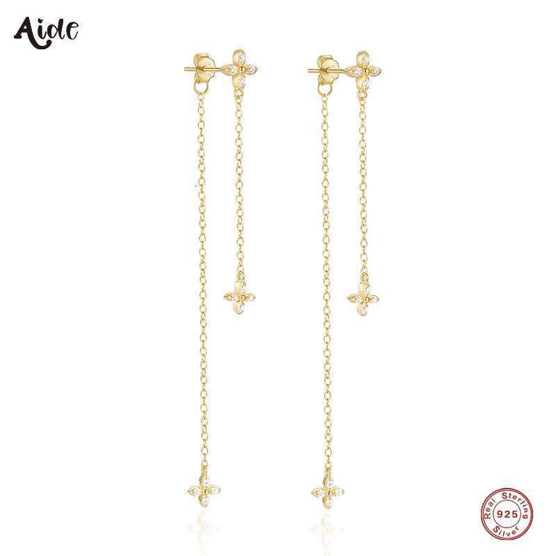 Aide Four-leaf Zircon Long Chain Tassel 925 Sterling Silver Drop For Women 18K Gold Minimalism Earrings Fine Jewelly