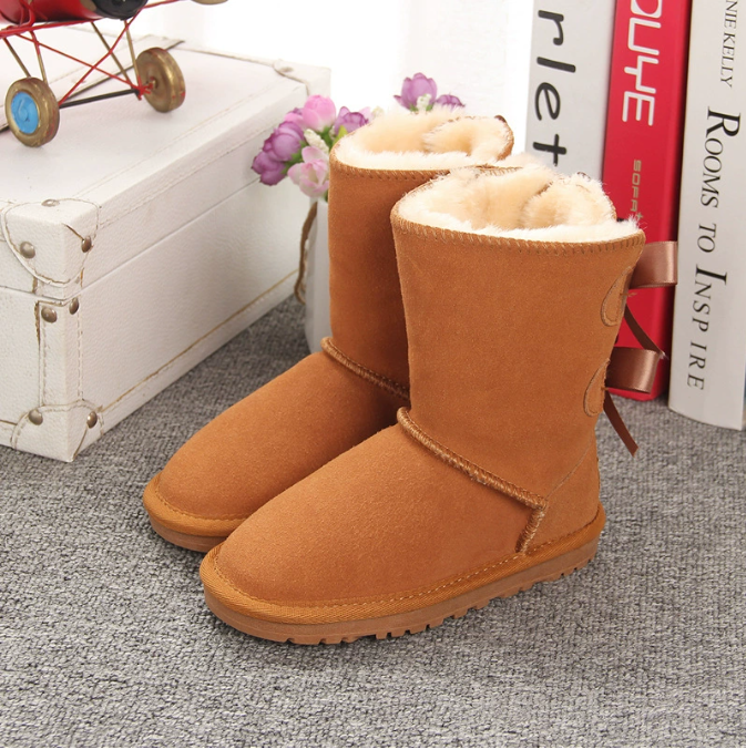 SELLING kids Bailey 2 Bows Boots Genuine Leather toddlers Snow Boots Solid Botas De nieve Winter Girl's Footwear Toddler Girls Boot
