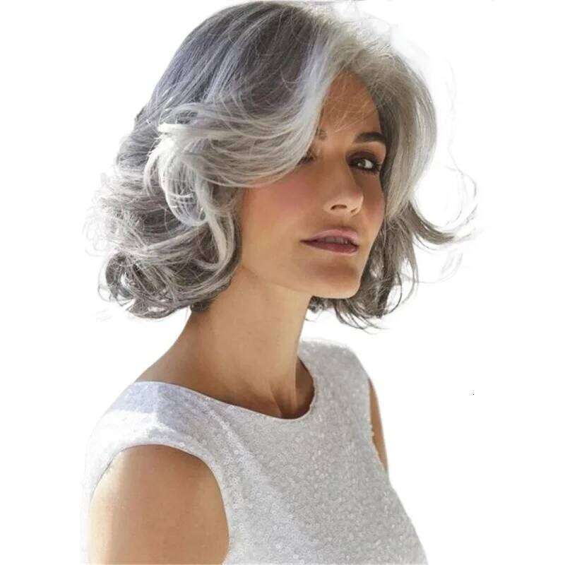 Women's European American Wig Gray-White Short with Fullness Side-Swept Long Bangs Export Synthetic Hair Cap