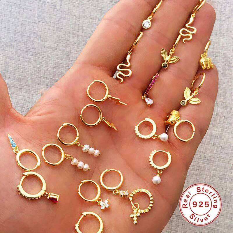 Aide 925 Sterling Silver Imitation Pearl Beads Pendant Drop For Women Zircon Snake Lightning Bolt Charm Circle Earrings