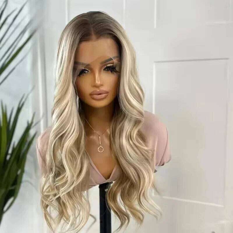 28 Inch Long Body Wave Synthetic Wig Mixed Brown and Platinum Blonde Color Ombre Lace Front Wigs for Women Blend European Hair