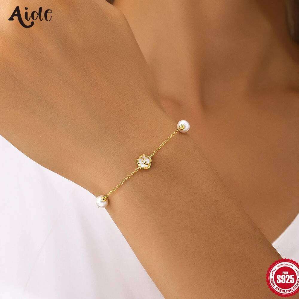 Aide 925 Sterling Silver White Shell Flower Zircon Bracelets For Ladies Gift New Xmas Hot Sales Camellia Bracelet Jewely