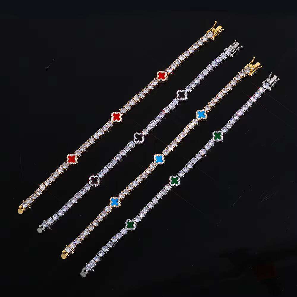 VVS Moissanite NUOYA Fine Hiphop Jewelry Women Choker Iced Out CZ Tennis Chain Four Leaf Clover Design Gold Plated Bracelet