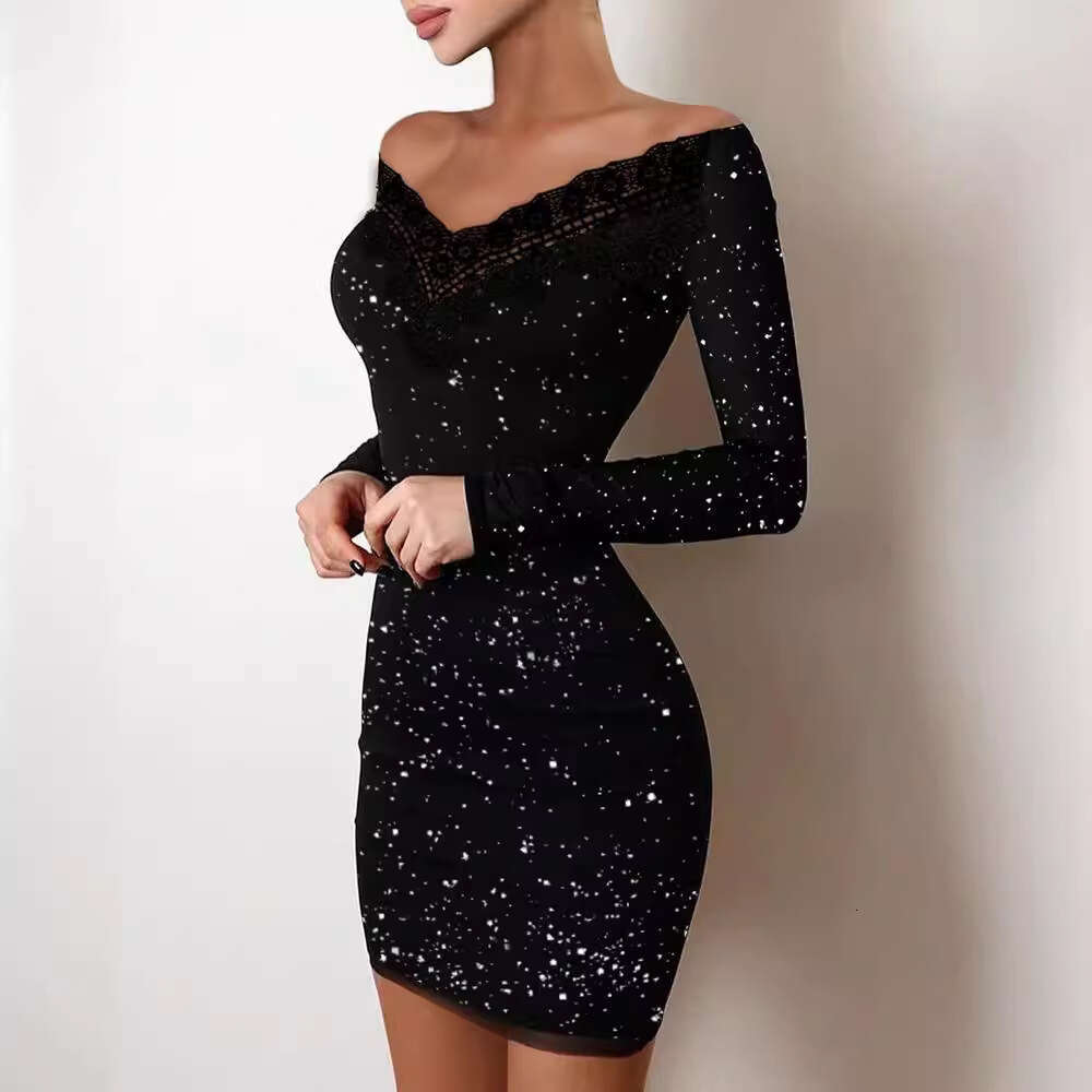211125#European and American Cross-Border Women's Fashion Slim Fit Silver One-Shoulder Bodycon Black Dress Evening Gown
