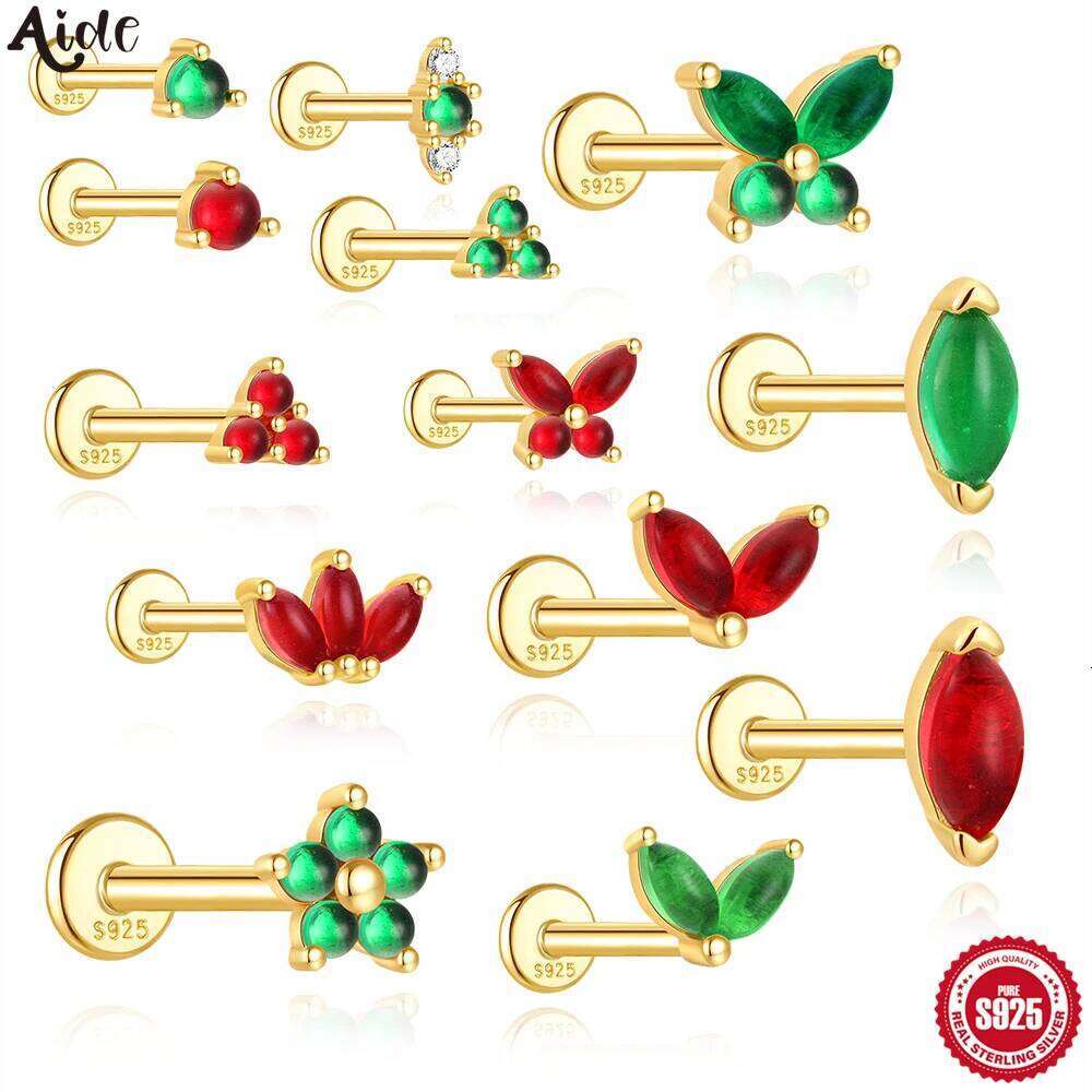 Aide 1PC 925 Sterling Silver 18K Gold Threaded Piercing Earring Women Ins Green Red Colors Zircon Ear Bone Nail Gift Jewelry