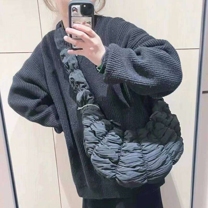 Korean Casual Half Moon Bags For Women Luxury Designer Handbag And Purses 2024 New In Polyester Embroidery Ruched Cloth Shoulder