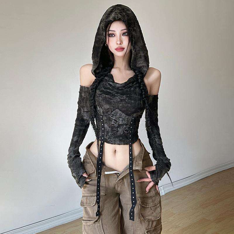 Pure Desire Y2K Hot Girl Design Off-Shoulder Slimming Hooded Long Sleeve T-Shirt for Women Autumn Winter Elegant Versatile Black Top