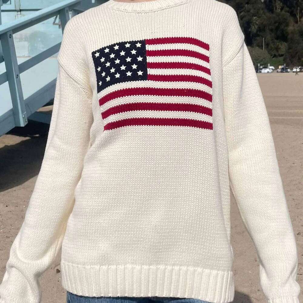 Puloru Women's Loose Fit Sweaters Fall Winter Casual Stars Stripe Flag Print Round Neck Long Sleeve Pullovers Knitted Jumpers