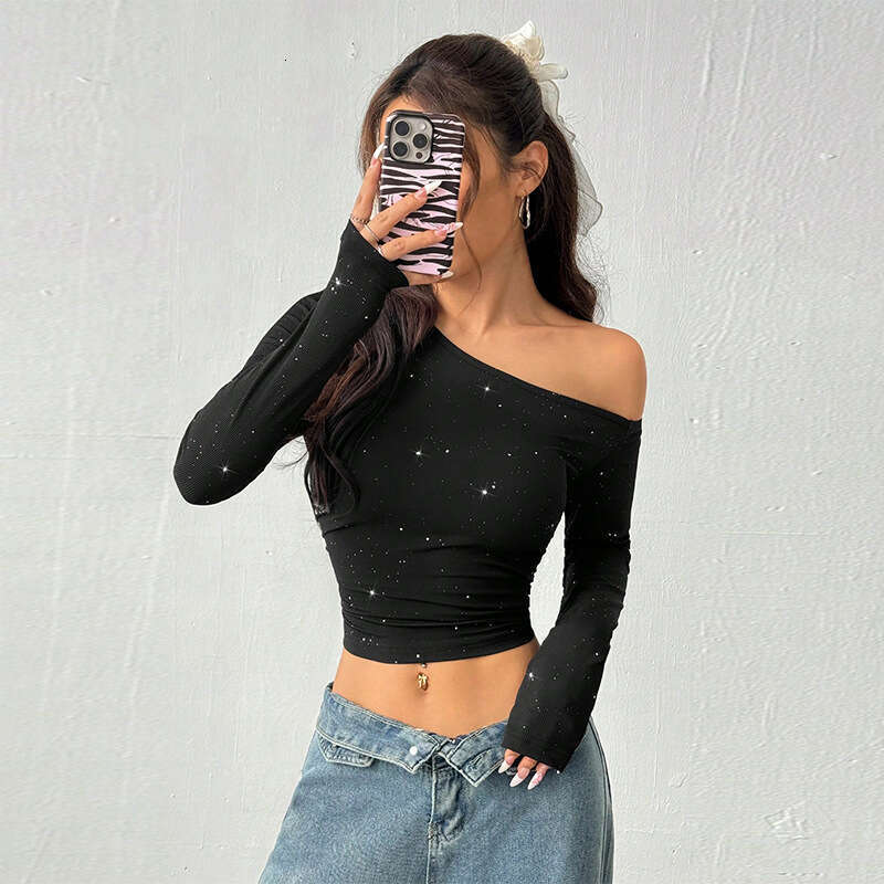Cross-Border European and American Hot Girl Rhinestone Off-Shoulder Long Sleeve T-Shirt for Women 2026 Spring Export Ins Slim Fit Knitted Base Shirt