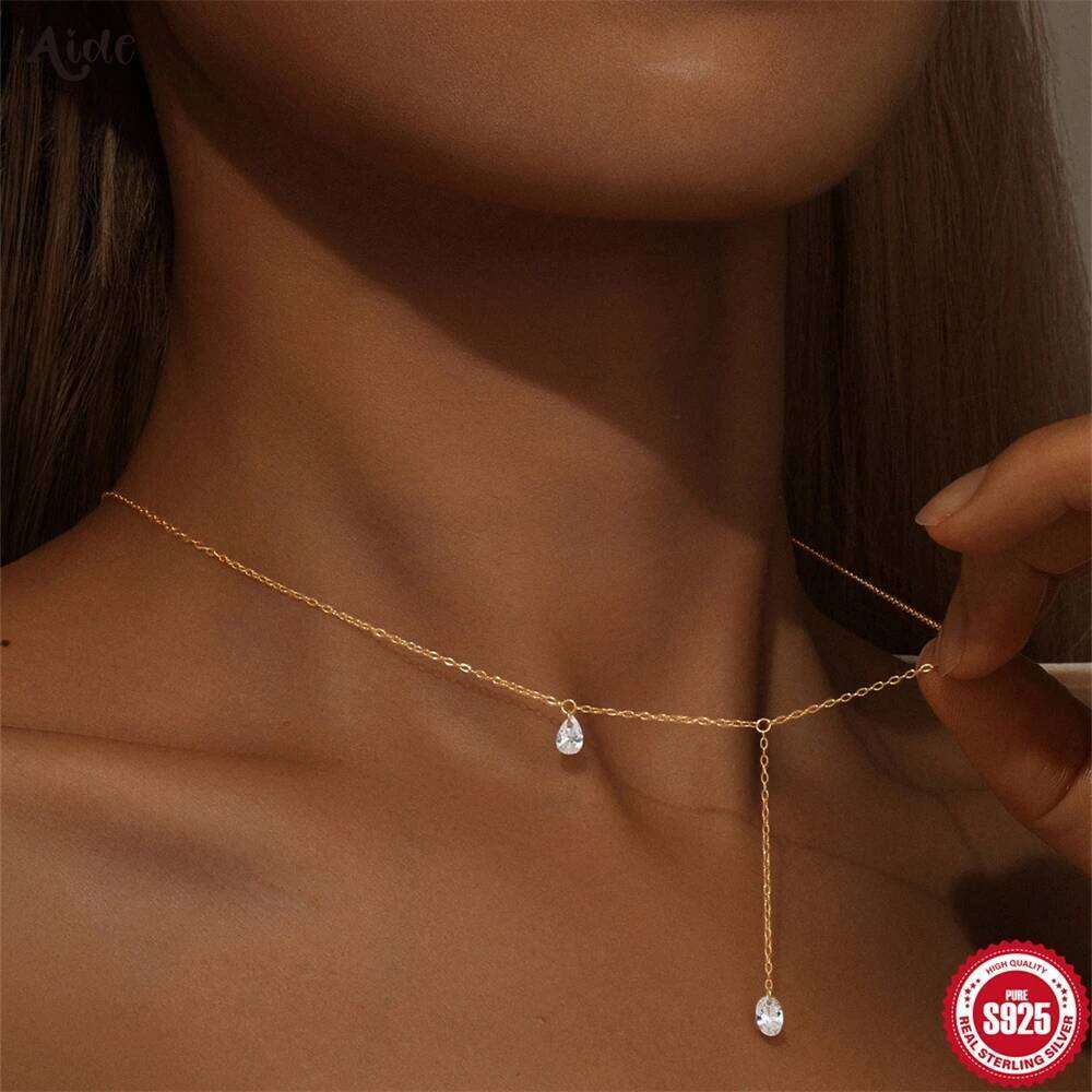 Aide 925 Sterling Silver Gold Color Zircon Pendant Necklaces for Women Long Tassel Design Clavicle Chains Necklace Collares