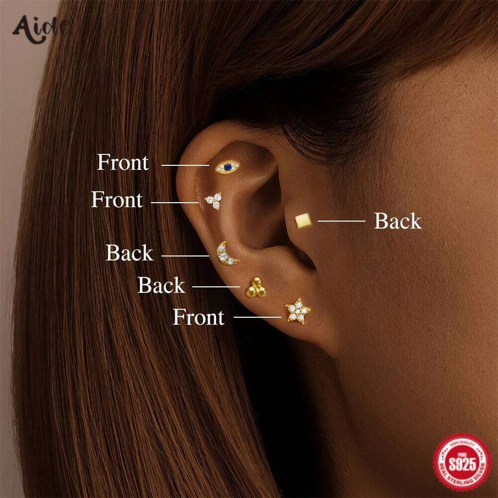 Aide 925 Sterling Silver 1pc Two-sided Asymmetric Piercing Screw-Back Stud Earrings For Women Elegant Simple Bohemian Jewelry