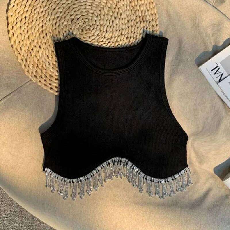High Street Sexy Hem Tassel Diamond Beading Knitting T Shirt Chic Short Camis Tank Lady Slim Crop Vest Tops
