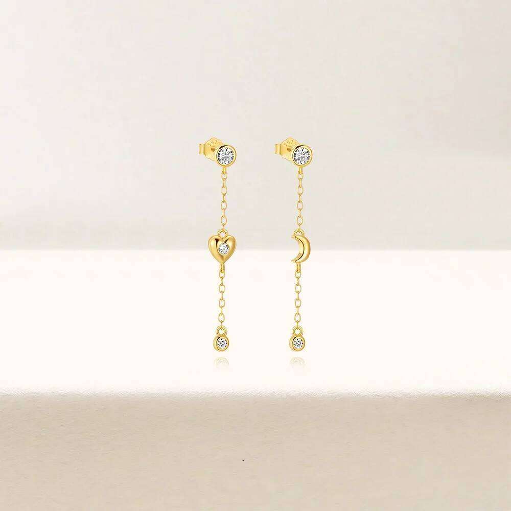 Aide 925 Sterling Silver Crystal Zirconia Moon Heart Stud Earrings Delicate Chain Dangles Ear Buckle Cartilage Piercing Jewelry