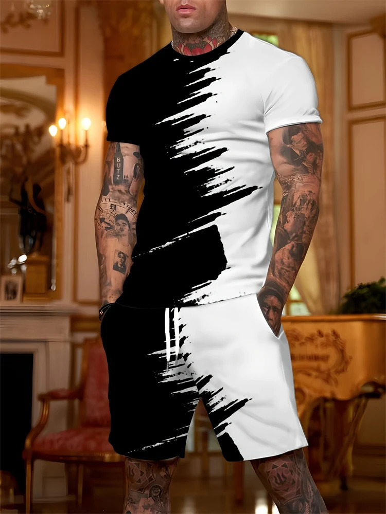 Summer Mens Short Sleeve Shorts Set Personalized Printed Loose Breathable Casual Fashion 251230