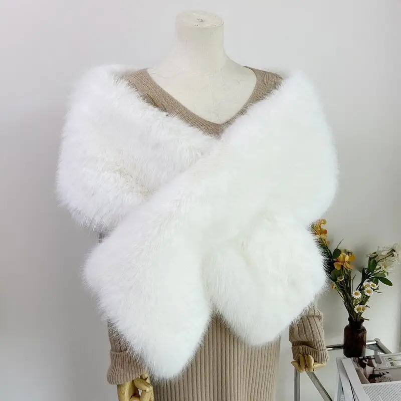 2025 Elegant Faux Fox Fur Shawl Women Scarf Collar Winter Warm Cape Wedding Solid Pashmina Plush Wrap 251225