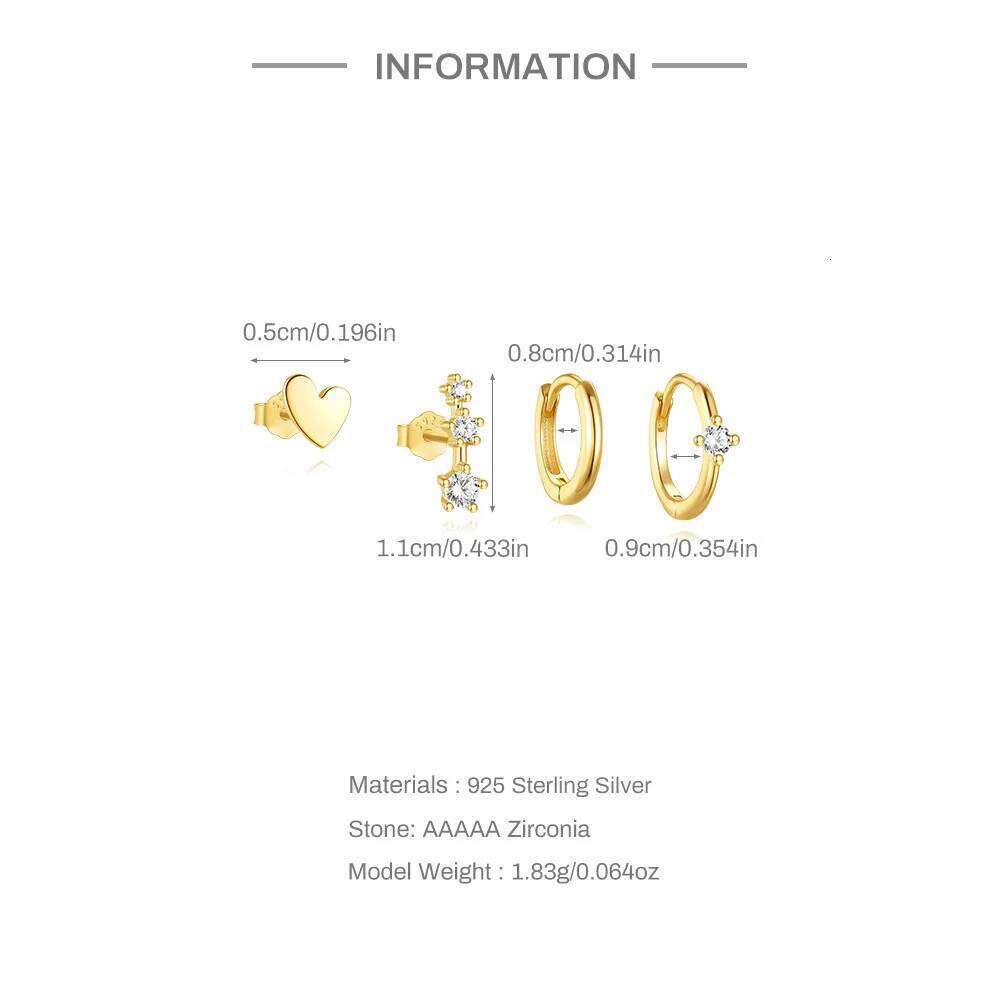 Aide Of 3 Small Zircon Flower Heart Stud Earrings 925 Sterling Silver Personality Geometric 3/4/6 Pieces Set Crystal Earring