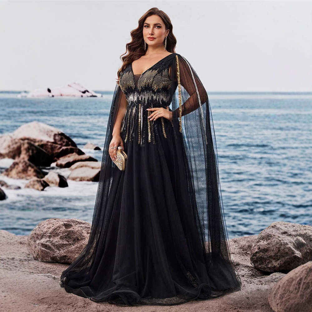 Luxury Floor-standing sleeves Sequins Evening Dresses Women V-neck Formal Wedding Party Cocktail Gowns Vestidos