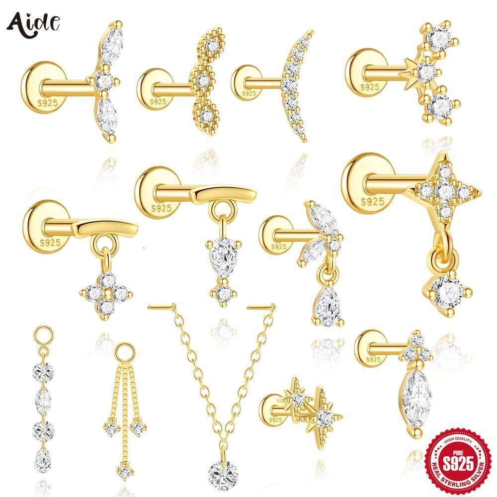 Aide S925 Sterling Silver Zircon Flat Spiral Piercing Earrings Minimalist Crystal Cartilage Ear Studs for Women Fashion Jewelry