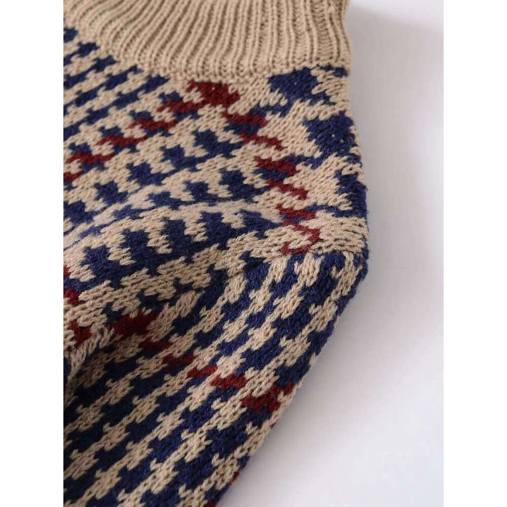 European And American Autumn New Fashion Casual Retro Style Long-Sleeved Houndstooth Blended Knitted Sweater