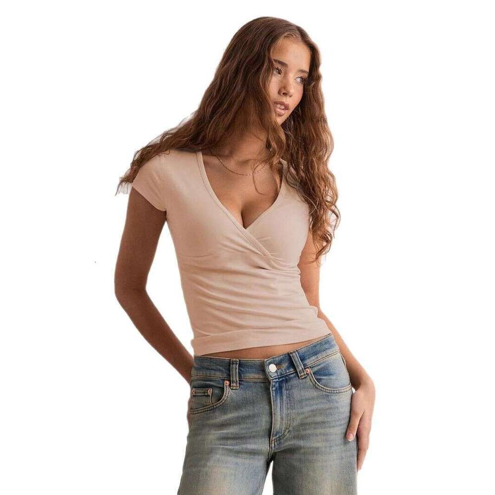 2026 Cross-Border European and American Style New Deep V-Neck Solid Color Waist-Cinching Slim Fit Elegant Fashion T-Shirt Spring Summer Top