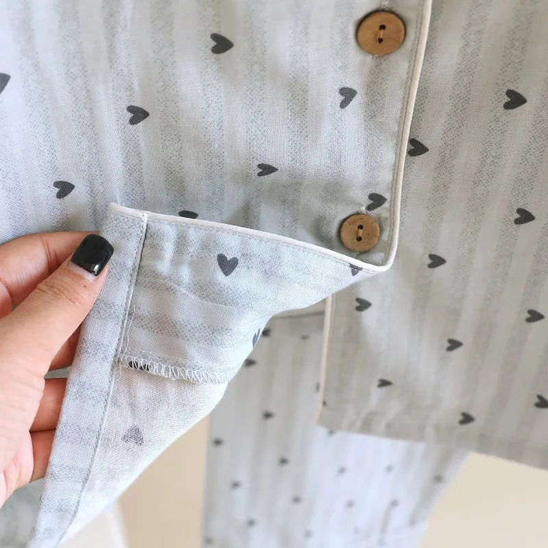 Spring and Autumn Womens Pajama Set 100 Cotton Gauze Vertical Strip Love Long Sleeve Two piece Home Clothing 251231