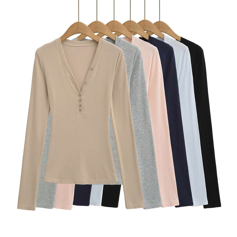 2026 Autumn New Tencel V-Neck Button Tight Long Sleeve T-Shirt for Women, Stretchy Slim Fit Thin Base Shirt Top